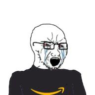 amazon angry bloodshot_eyes clothes crying glasses open_mouth soyjak stubble tshirt variant:soyak wagie // 554x554 // 69.5KB
