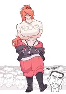 big_breasts blue_eyes boobas boots breasts closed_mouth clothed english_text goonerslop hand_up head jumpsuit large_breasts multiple_soyjaks orange_hair subvariant:pol_face text underpants variant:chudjak we_agree zess zesty_jesus // 850x1200 // 101.1KB