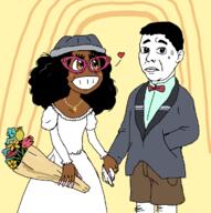 afro black_skin drawing dress hair marriage married no_nose oekaki redraw shorts soyjak soylent_(creamy_chocolate) subvariant:soyniqua variant:chudjak variant:soytan // 1193x1200 // 65.0KB