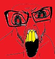 distorted glasses mustache open_mouth red_background soyjak stubble variant:feraljak yellow_teeth zoomed // 400x431 // 110.0KB