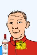 1864 alcohol animal bottle closed_mouth clothes cross crown ear flag flag:vladimir_oblast hair holding_object lion neutral russia smirnoff soyjak text track_suit transparent transparent_background variant:kuzjak vladimir_oblast vodka white_skin // 810x1192 // 196.0KB