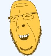 alternate closed_eyes emoticon glasses grin happy laughing no_eyebrows open_mouth series:soymoji soyjak stubble variant:cobson yellow yellow_skin // 721x789 // 32.6KB