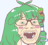 anime blush clothes frog glasses green_hair gyate_gyate hair kochiya_sanae laughing open_mouth pepe series:gyatejaks soyjak stubble touhou tranny_artstyle variant:punkjak video_game // 806x758 // 40.4KB