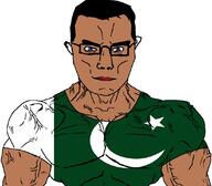 arm blue_eyes brown_skin buff closed_mouth clothes flag flag:pakistan glasses hair pakistan soyjak subvariant:chudjak_front subvariant:muscular_chud tshirt variant:chudjak vein // 1098x963 // 176.9KB