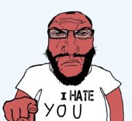 angry balding beard closed_mouth clothes fist glasses hair hand i_hate pointing pointing_at_viewer punisher_face red_skin soyjak subvariant:science_lover text tshirt variant:markiplier_soyjak // 1017x935 // 381.7KB