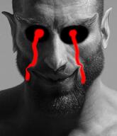 beard close_up_view demon face grey_skin grin hair hyper_realistic_blood muscles nas:gigachad pointy_ears red_eyes scary