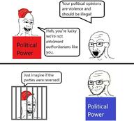 brainlet cap closed_mouth clothes glasses hat maga open_mouth politics smile smirk smug soyjak speech_bubble stubble text variant:soyak // 1069x968 // 72.9KB