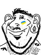closed_mouth country ear earring flag hair large_nose mustache smile soyjak stubble tattoo text ukraine variant:impish_soyak_ears // 574x768 // 1.3MB