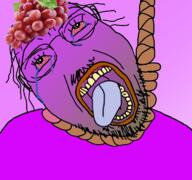 bant_(4chan) bloodshot_eyes food foodjak frog fruit glasses grape hair lips no_nose open_mouth pepe purple_skin rope series:fruiterz! soyjak stubble suicide tongue tranny variant:bernd // 768x719 // 383.6KB