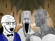 2soyjaks bow clothes crossdressing gigachad glasses irl_background marriage nas:gigachad necktie open_mouth soyjak stretched_mouth stubble tuxedo variant:markiplier_soyjak variant:soyak wedding // 1024x768 // 652.1KB