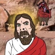 beard brown_hair chest_hair cross dark_hair devil_horns gape green_eyes halo hanging hooves jesus jesus_christ long_hair noose red_clothes red_skin smile subvariant:brunetto tail variant:cobson white_clothing // 1080x1080 // 868.5KB
