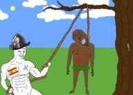 2soyjaks arm blood bloodshot_eyes brown_skin buff closed_mouth clothes conquistador crying drawn_background full_body glasses hair hand hanging hat holding_object holding_rope lynching morion mustache neovagina open_mouth purple_hair rope smile soyjak spain stubble text tongue tree variant:bernd variant:chudjak yellow_teeth // 1240x882 // 264.0KB