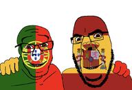 2soyjaks brown_eyes country europe flag flag:portugal flag:spain hugging no_more_brother_wars portugal smile spain variant:cobson variant:feraljak // 1041x708 // 179.0KB