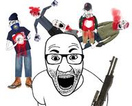 arm beanie blood bloodshot_eyes boot clothes dead ear facemask flag foot full_body glasses glove gore gun hand hat holding_object jacket jeans leg mask multiple_soyjaks mustache new_hampshire open_mouth shooting shotgun soyjak stubble united_states variant:el_perro_rabioso variant:feraljak variant:its_out_get_in_here variant:markiplier_soyjak variant:nojak variant:soyak // 1780x1438 // 1.3MB