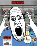 arm award blue_shirt clothes family_guy fishtank_live glasses hand open_mouth sam_hyde soyjak stubble variant:ppp // 1000x1233 // 834.0KB