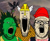 armor beard bird glasses gnome green_skin messy_hair mountain norse_mythology odin one_eye rainbow raven red_hat troll variant:a24_slowburn_soyjak variant:gapejak variant:markiplier_soyjak // 828x685 // 212.0KB