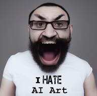 ai_art ai_generated anti_ai beard clothes glasses hair i_hate irl irony open_mouth subvariant:science_lover text tshirt variant:markiplier_soyjak white_skin // 512x504 // 276.8KB