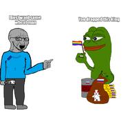amphibian arm bloodshot_eyes clothes country crying european_union flag flag:european_union flag:lgbt_pride_flag flag:russia frog full_body glasses gold grey_skin hand holding_flag holding_object leg lgbt nas:pepe oil open_mouth pepe pepe_the_frog pointing russia soyjak stubble text variant:soyak vatnik wheat // 1000x853 // 188.5KB
