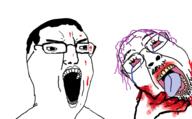 2soyjaks blood bloodshot_eyes chud crying glasses gore hair hand holding_object holding_severed_head mustache open_mouth purple_hair severed_head soyjak stubble tongue tranny variant:bernd variant:chudjak yellow_teeth // 977x605 // 265.3KB