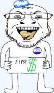 brown_hair clothes coin coins dollar dollar_sign evil full_body glasses hat holding_object holding_sign israel israeli judaism kike kippah money mouth_open open_mouth payos sign soyjak stubble subvariant:gloatjak text two variant:coinjak // 420x717 // 34.4KB