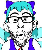 anime blue_hair cirno clothes ear glasses hair_ribbon open_mouth soyjak stubble touhou variant:nojak video_game // 443x523 // 58.1KB