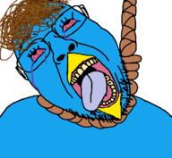 animal beak bird bloodshot_eyes blue blue_skin brown_hair crying dead glasses hair hanging mulatto_perm open_mouth perm rope series:x_inmigrants soyjak stubble suicide tongue tranny twitter variant:bernd yellow_teeth zoomer // 781x719 // 34.6KB
