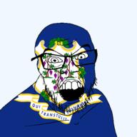 angry connecticut flag flag:Connecticut glasses hair latin_text looking_at_you mustache open_mouth soyjak state stubble teeth text transparent_background united_states variant:feraljak // 1500x1500 // 370.2KB