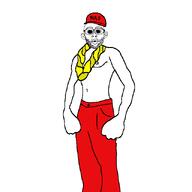 arm clothes ear glasses gold_chain hair hand hat open_mouth red_pants shirtless soyjak stubble subvariant:andrew text tyler_the_creator variant:nojak // 640x640 // 22.8KB