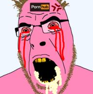 anger_mark angry bad_teeth blood bloodshot_eyes brimmiest_comments_section☣️☣️☣️_do_not_enter☣️☣️☣️ brown_hair coomer glasses missing_teeth open_mouth pink_skin pornhub rabies soyjak stubble variant:cobson yellow_teeth // 716x720 // 50.9KB