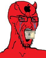 BSD apple_(company) bloodshot_eyes crying daemon demon dollar freebsd glasses horn large_eyebrows logo money red_skin soyjak stretched_mouth stubble tattoo unix variant:soyak // 785x1000 // 81.7KB