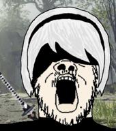 2b blindfold clothes female hair mustache nier_automata open_mouth soyjak stubble sword variant:a24_slowburn_soyjak video_game white_hair // 682x770 // 522.7KB