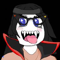 black_background blue_eyes blush clothes glasses hair necklace nigger_generated open_mouth sharp_teeth tongue variant:soytan // 1024x1024 // 504.3KB