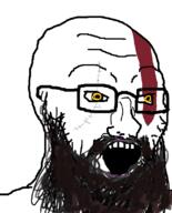 beard glasses god_of_war kratos open_mouth soyjak tattoo variant:soyak video_game yellow_eyes // 644x800 // 265.3KB