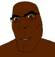 black_skin glasses smile soyjak subvariant:teutonson t50_eyes variant:cobson yellow_sclera // 659x674 // 58.3KB