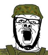 camouflage clothes combat_helmet glasses hat helmet looking_up military military_combat_uniform military_uniform mustache open_mouth soldier soyjak stubble variant:a24_slowburn_soyjak white_background // 454x520 // 12.1KB