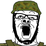 camouflage clothes combat_helmet glasses hat helmet looking_up military military_combat_uniform military_uniform mustache open_mouth soldier soyjak stubble variant:a24_slowburn_soyjak white_background // 454x520 // 12.1KB