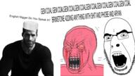 angry aryan brimstone coal gem gigachad glasses islam nigger open_mouth soyjak stubble taqiyah text variant:cobson wojak // 1920x1080 // 979.1KB