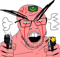 angry bloodshot_eyes country countrywar crying flag flag:mauritania_(1959) glasses gun hair hand holding_object open_mouth pistol red_skin shooting soyjak steam stubble teeth variant:feraljak // 1117x1066 // 421.1KB