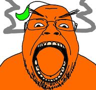 angry bald distorted froot glasses leaf open_mouth orange orange_skin soyjak steam stubble variant:bernd variant:gapejak white_background // 1200x1125 // 294.5KB