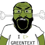 4chan angry arm beard clothes fume glasses green_skin greentext i_love open_mouth soyjak subvariant:science_lover text tshirt variant:markiplier_soyjak // 800x789 // 30.2KB
