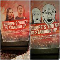 capitalism communism europe glasses irl open_mouth poster soy stubble sweden swedish_text variant:feraljak variant:two_pointing_soyjaks // 3465x3465 // 3.2MB