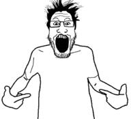 arm clothes glasses hair hand open_mouth pointing soyjak stubble tshirt variant:markiplier_soyjak // 618x559 // 33.0KB