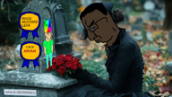 award banned_user blunt brown_skin clothes crying full_body glasses gravestone low_quality meta:namefags retard_(user) rose side_profile sprnurse_(namefag) subvariant:massjak subvariant:massmeowjak subvariant:wholesome_soyjak variant:chudjak variant:gapejak variant:soyak // 728x408 // 481.9KB