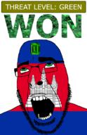 ahegao ankgor_wat building cambodia country emerald flag flag:cambodia gem glasses green green_eyes hair looking_up open_mouth schlog_color_event soyjak soyjak_blog stubble teeth text threat_level_green variant:cobson won // 721x1115 // 192.0KB