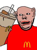 amerimutt artist:shroot artist:smallanus black_sclera brown_skin clothes coffee ear frappe holding_object jackson jackson_(user) maevings mcdonalds meta:not_oc open_mouth soyjak stubble subvariant:impish_amerimutt variant:impish_soyak_ears // 384x512 // 17.0KB
