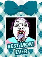 bow flag mother mustache open_mouth pixiz purple_hair soyjak stubble text tongue tranny variant:bernd yellow_teeth // 775x1050 // 173.9KB