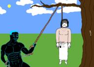 2soyjaks ack anti_soytan b_b_ghast_(namefag) black_sclera black_skin blue closed_mouth clothes cloud crying glasses grass hair hanging muscles naked plant rope soy soyjak soylent soylent_(creamy_chocolate) stubble sun teeth text total_sloptran_death tree variant:chudjak variant:soytan // 2100x1500 // 55.2KB