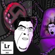 adolf_hitler chemistry closed_mouth drawn_background element ernest_lawrence glasses hair lawrencium multiple_soyjaks mustache nazism open_mouth pun sonnenrad soyjak stubble swastika variant:cobson // 1250x1250 // 943.8KB