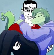 anthro bait closed_eyes closed_mouth clotheslothes female furry glasses green_hair green_skin hair hand holding_object hoodie i_want_hug_that_gator red_shirt smile subvariant:chudjak_front variant:chudjak // 493x501 // 312.1KB