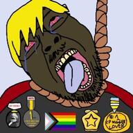 badge black_skin blond bloodshot_eyes crying flag:progress_pride_flag glasses hair karl_marx mustache nate open_mouth reddit_gold rope stubble suicide tongue trend:slopjak variant:bernd // 400x400 // 28.1KB